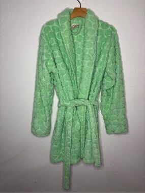 Aegean Apparel Women S/M Robe Belted Short Soft Plush Fuzzy Bright Green Circles